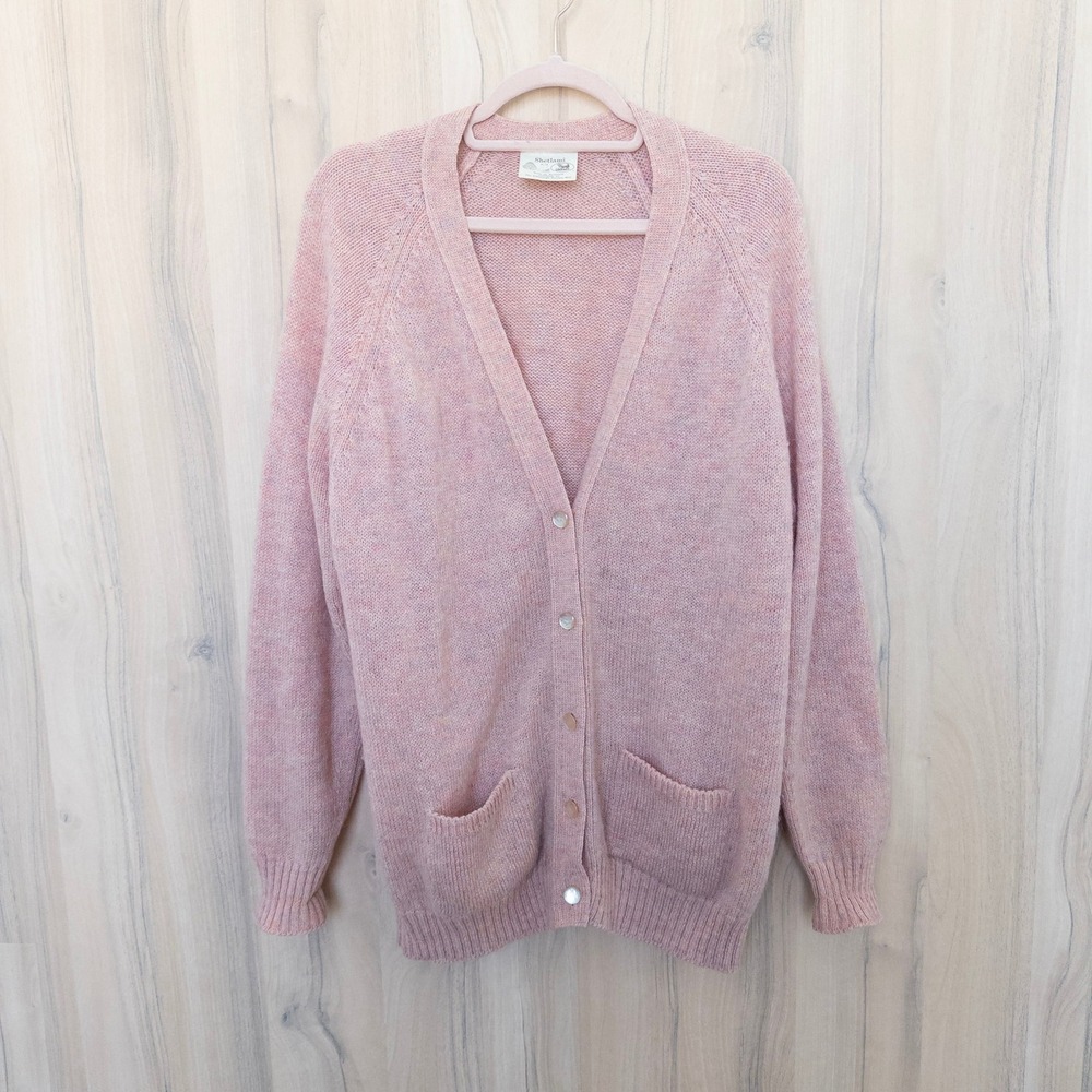 Vintage Shetland Womens Cardigan Sweater XL Pink Pure New Wool Scotland Cottage